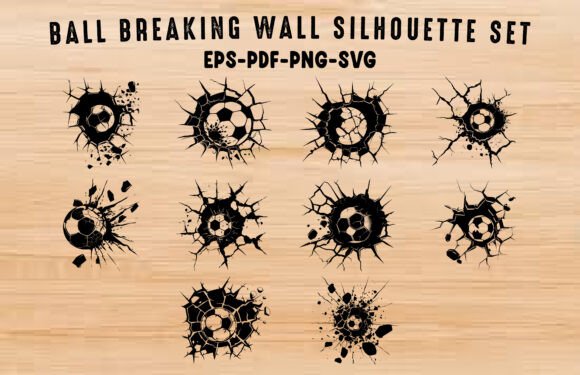 Download Soccer Ball Cracked Wall Silhouette Set - Silhouette Collection